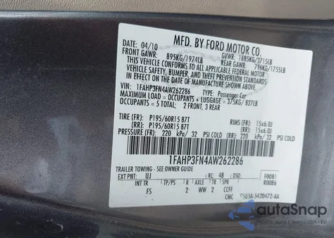 2010 Ford Focus Se из США, поврежденный, VIN 1FAHP3FN4AW262286